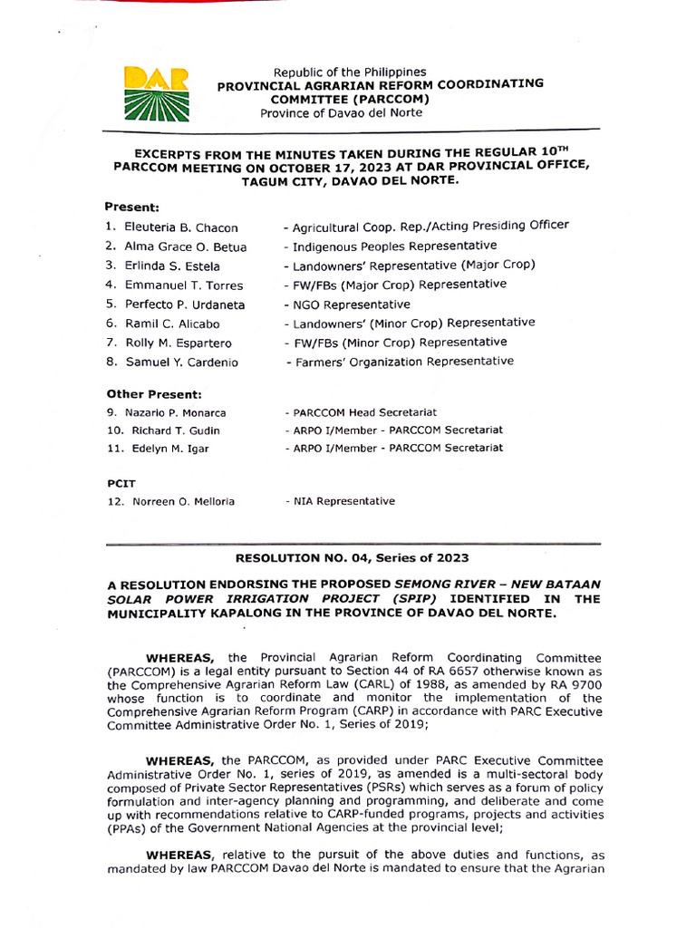 Parccom Resolution (Endorsement) | PDF