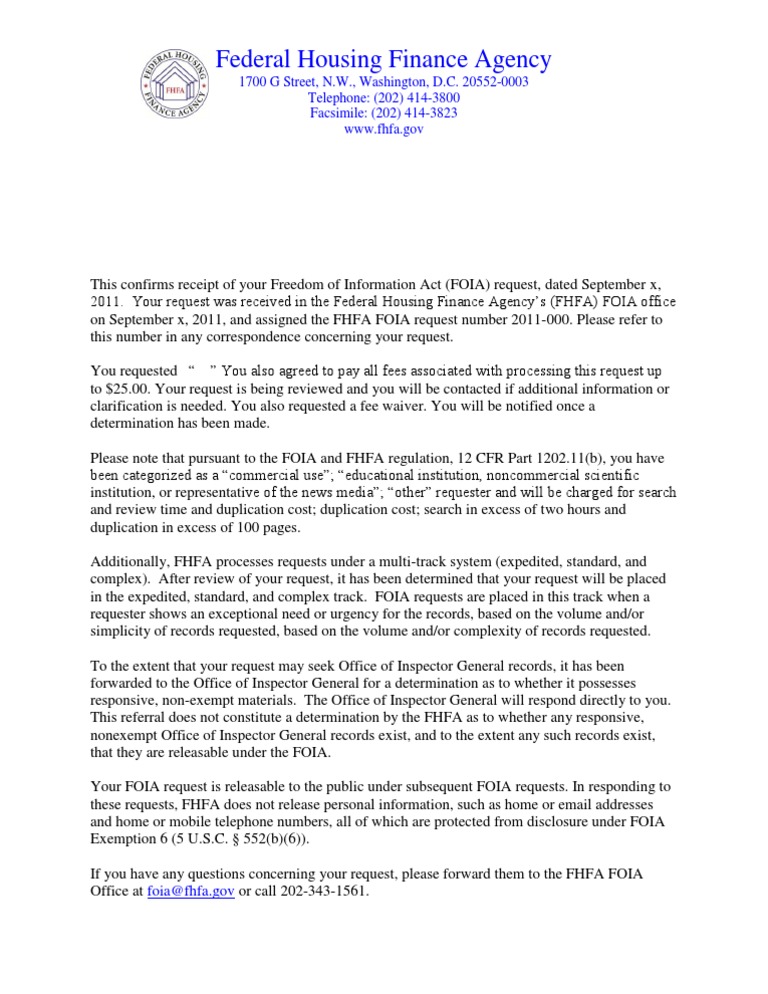 FHFA FOIA Request Confirmation Notice | PDF