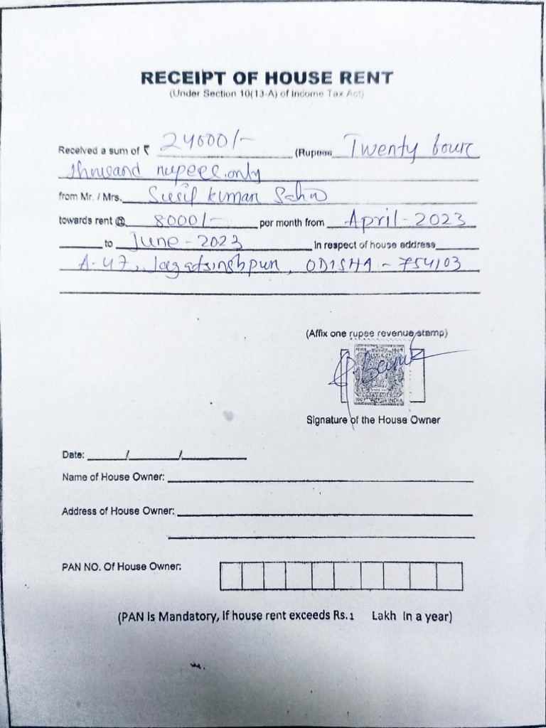 House Rent Receipts PDF