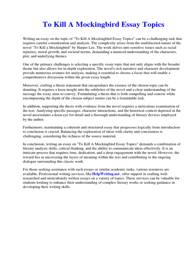 To Kill A Mockingbird Essay Topics PDF Essays To Kill A Mockingbird