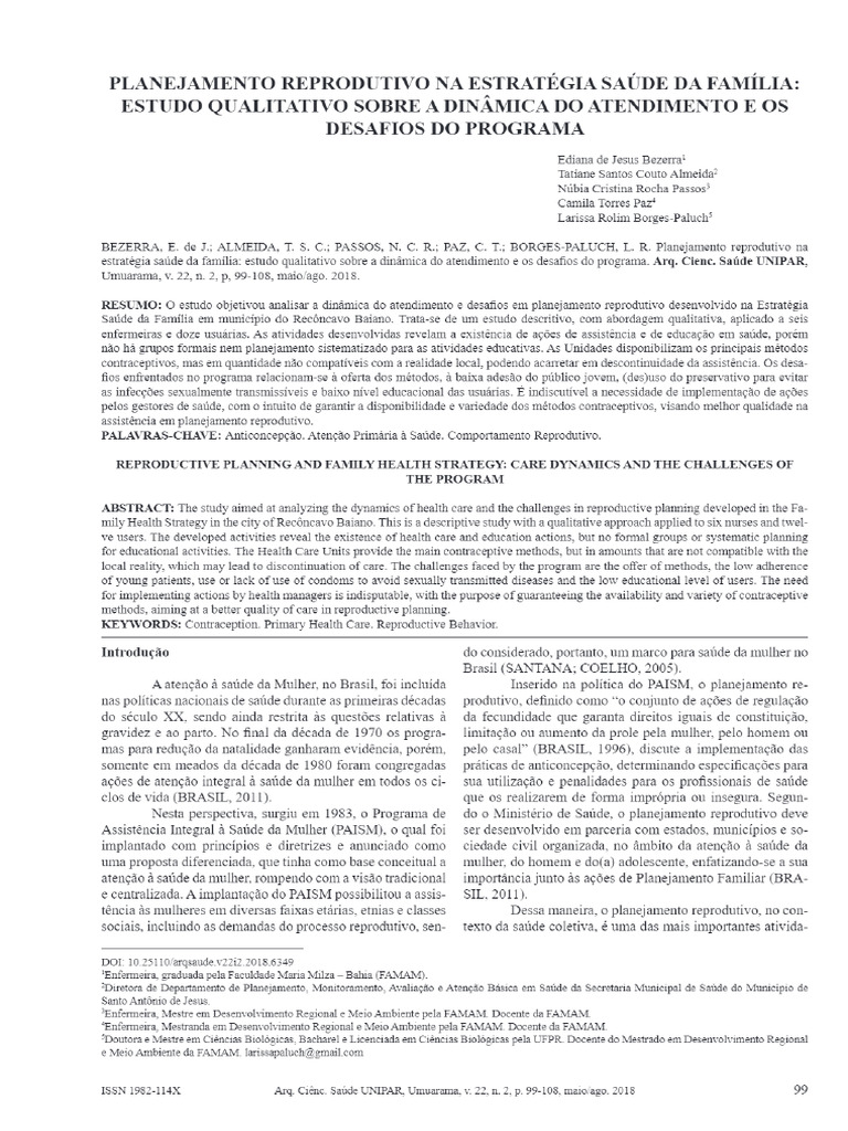 Planejamento Reprodutivo Na Estratégia Saúde Da Família - Estudo ...