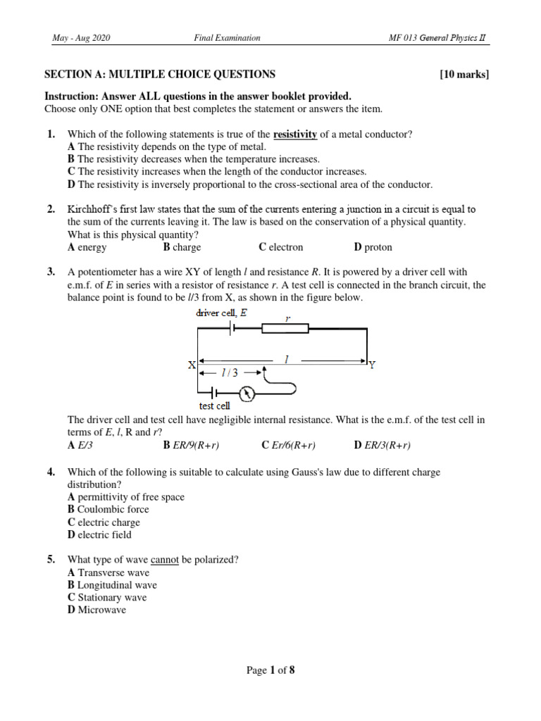 General Physics II Final Exam 2020 | PDF | Electrical Resistivity And ...