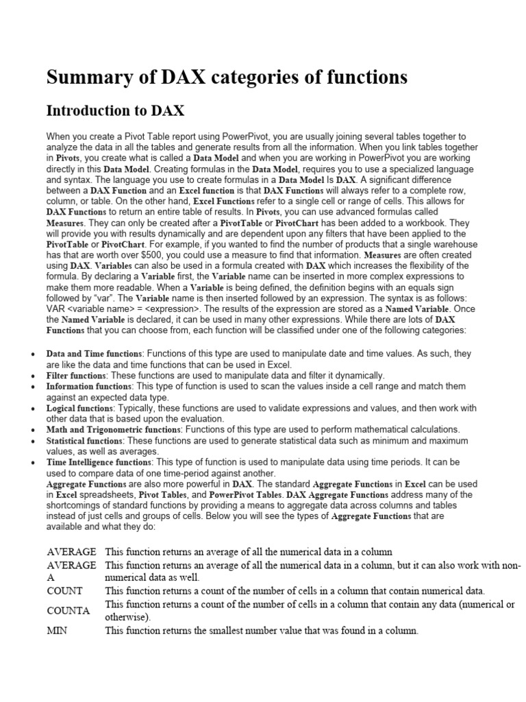 DAX Functions Overview for Excel Users | PDF | Microsoft Office ...
