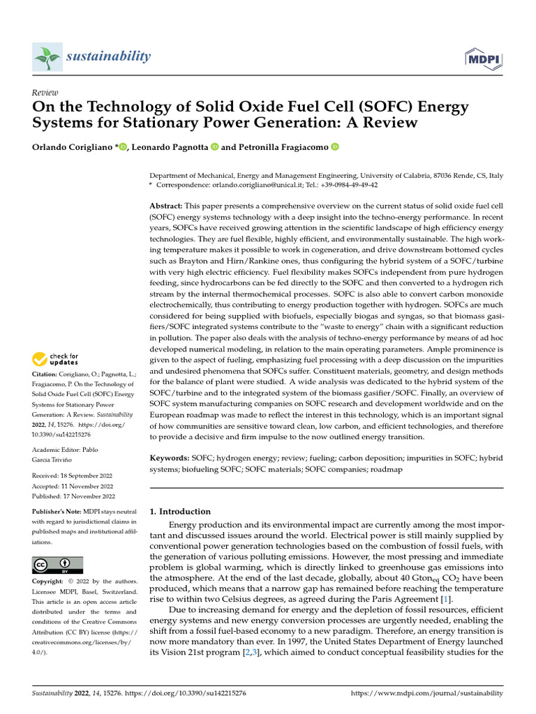 Sustainability 14 15276 v2 | PDF | Solid Oxide Fuel Cell | Fuel Cell