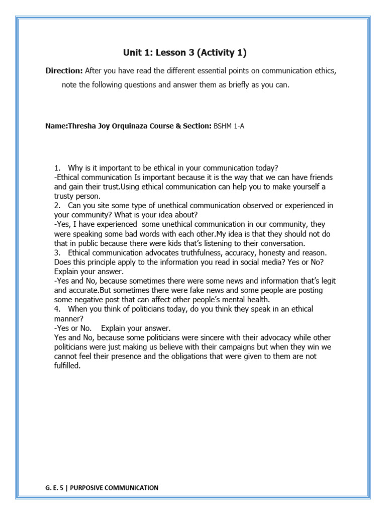 Unit 1 - Lesson 3 (Activity 1) | PDF