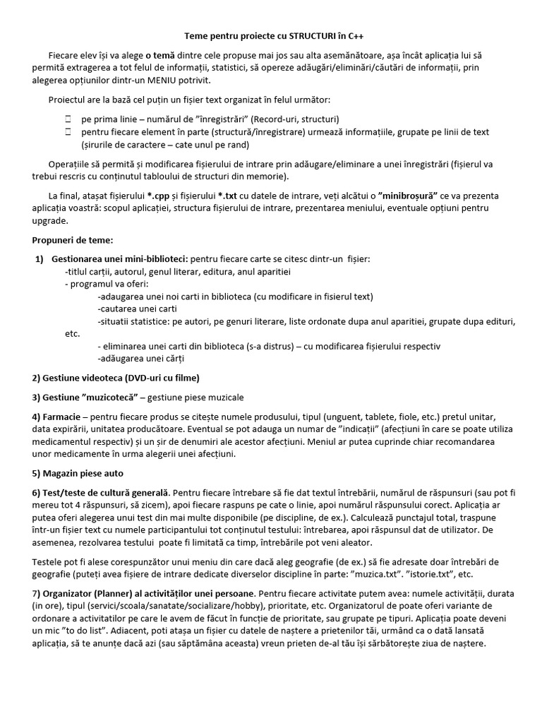 Teme Pentru Proiecte Cu STRUCTURI În C++ | PDF