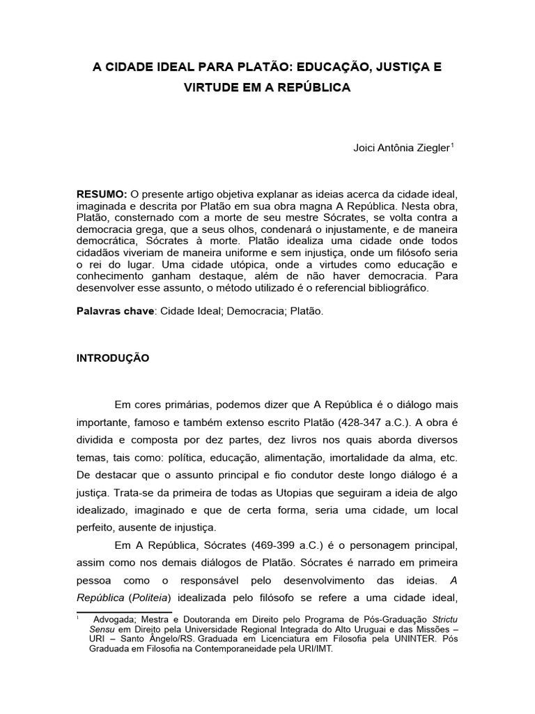 A Cidade Ideal de Platão: Justiça e Educação | PDF | Sócrates | Platão