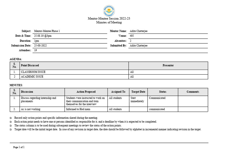 Mentor-Mentee Meeting Minutes 2022-23 | PDF | Career & Growth