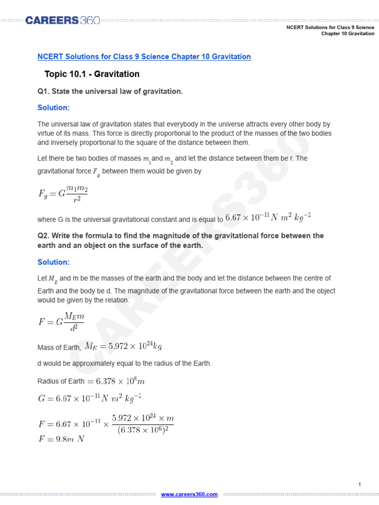 NCERT Class 9 Science Gravitation Solutions | PDF | Buoyancy | Weight