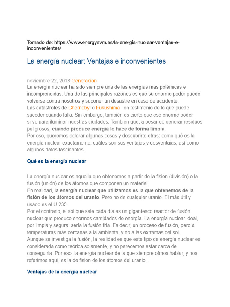 Ventajas y Desventajas de la Energía Nuclear | PDF | La energía nuclear ...