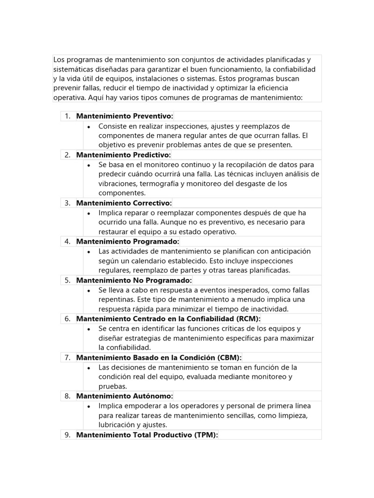Programas de Mantenimiento | PDF | Ingeniería de confiabilidad | Teoría ...