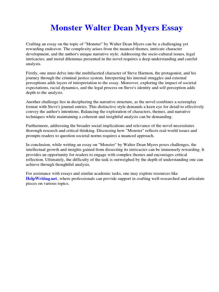 Monster Walter Dean Myers Essay PDF Narrative Essays
