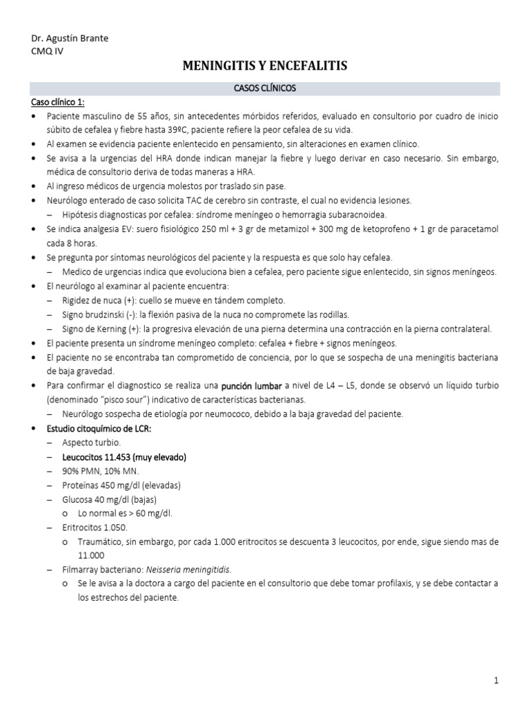 Casos Clínicos de Meningitis y Encefalitis | PDF | Meningitis | Fluido ...