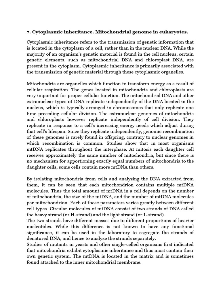 Mitochondrial DNA and Cytoplasmic Inheritance | PDF | Mitochondrion ...
