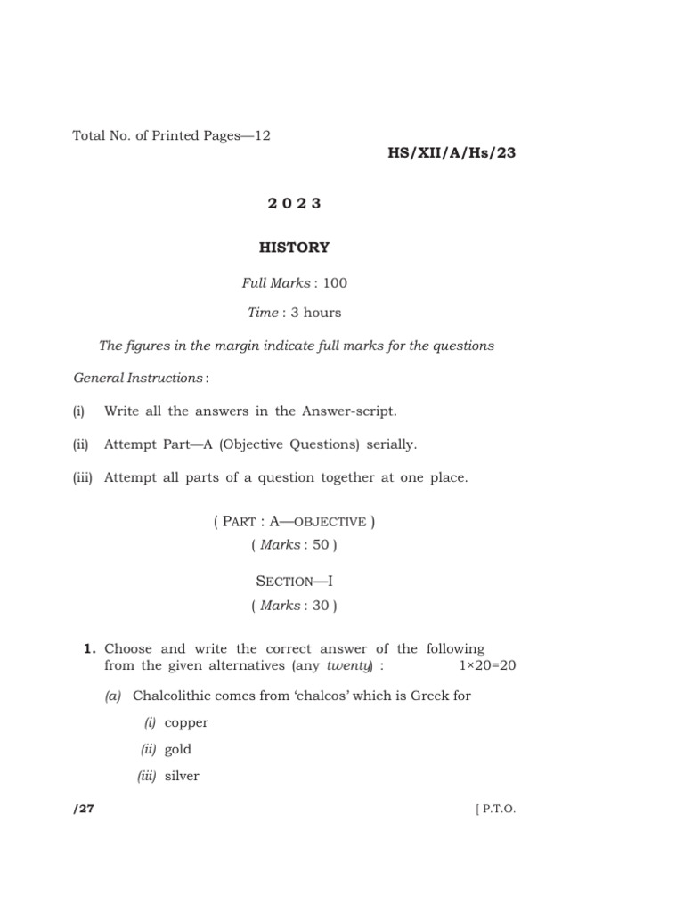 HS XII History Exam Paper 2023 | PDF | British Raj | Asia