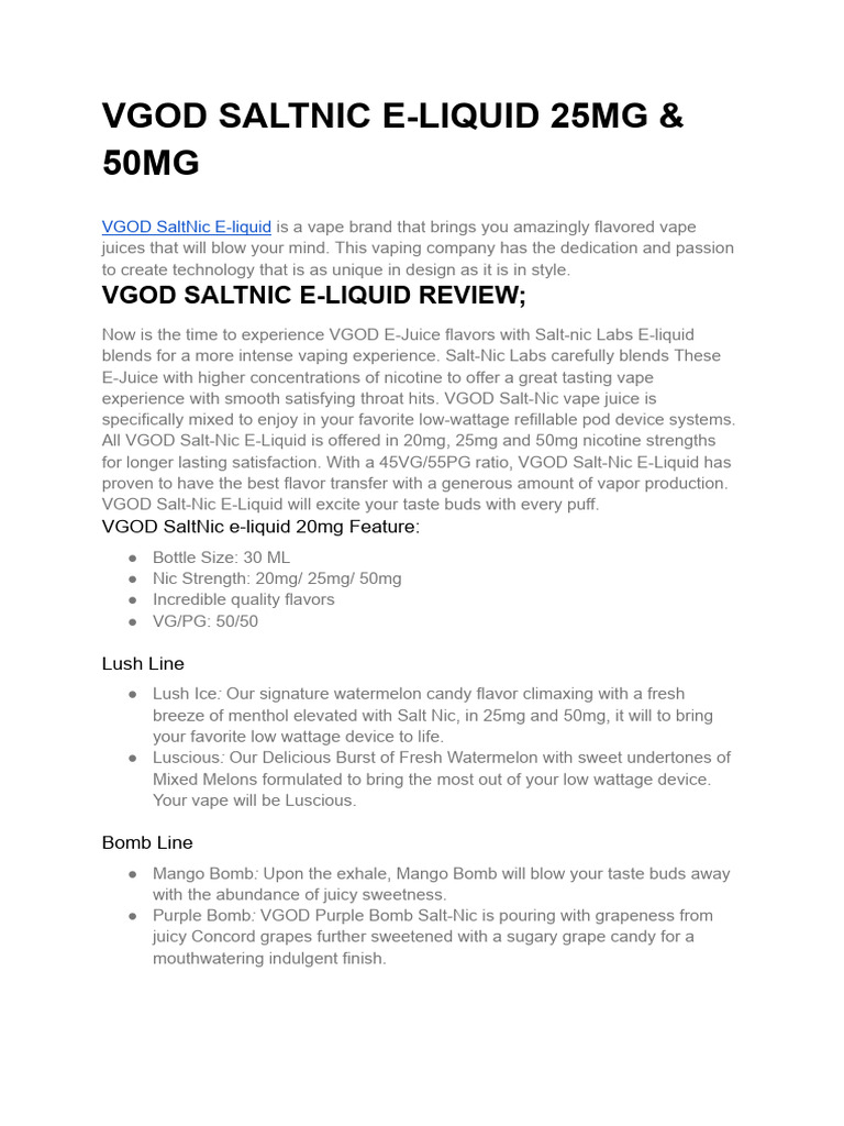 VGOD SaltNic E-Liquid Overview | PDF | Electronic Cigarette