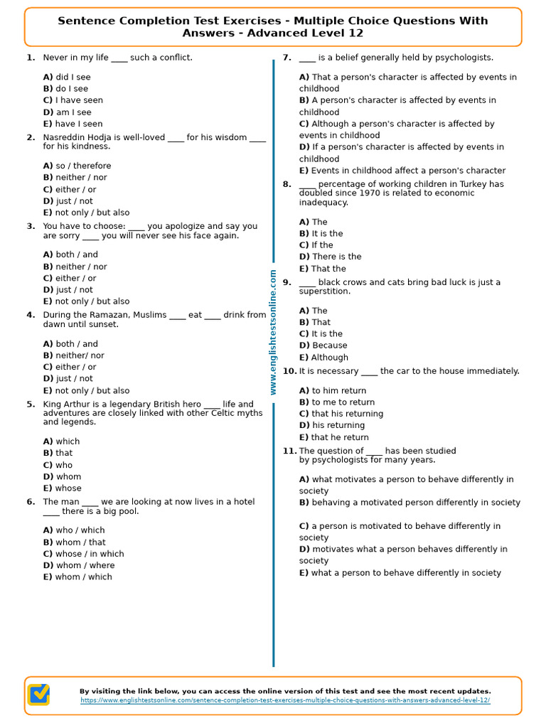 Sentence Completion Exercises with Answers | PDF | Multiple Choice