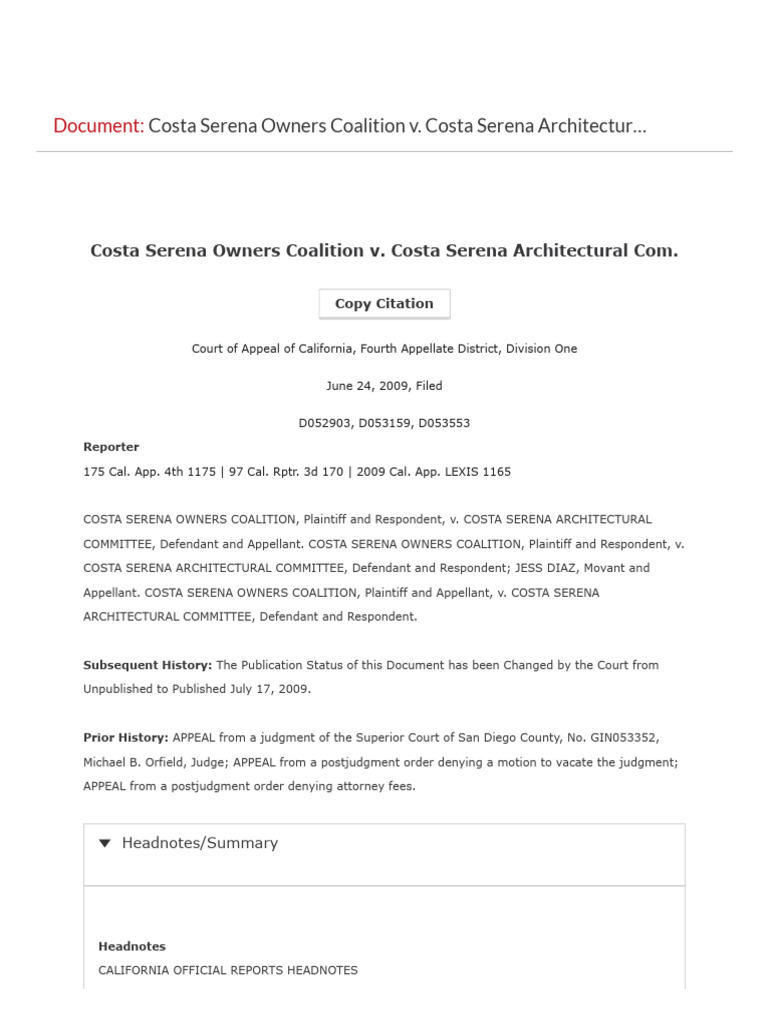 Costa Serena Owners Coalition v. Costa Serena Architectural Com. (2009 ...