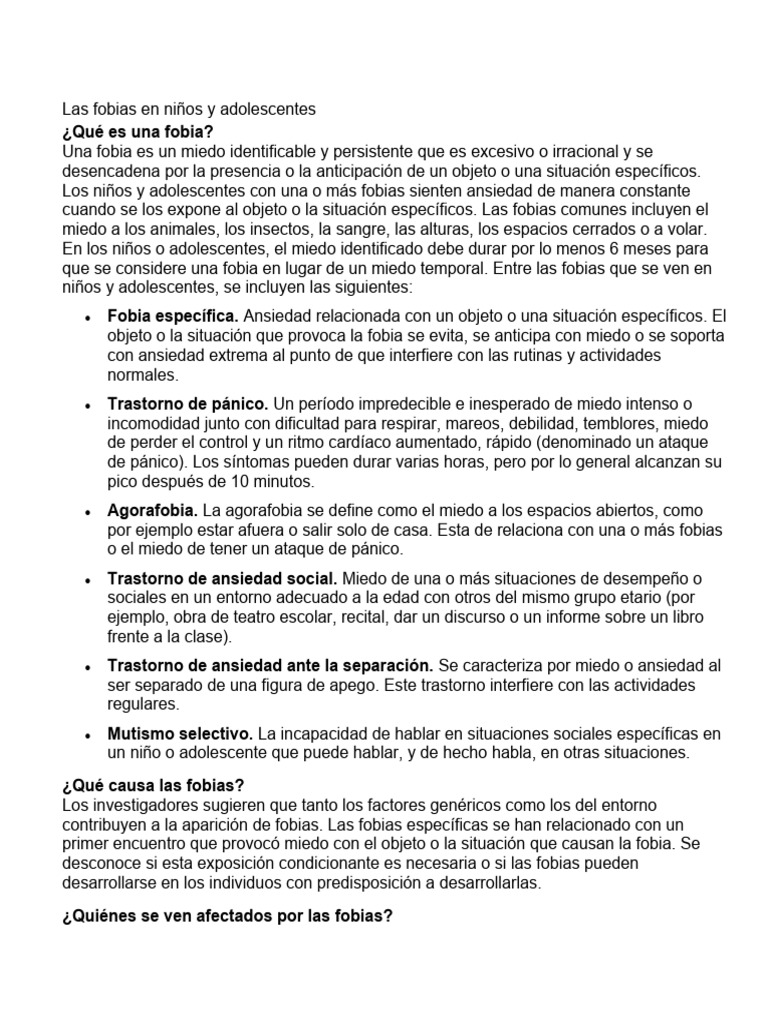 Las Fobias en Niños y Adolescentes | PDF | Trastorno de ansiedad | Fobia