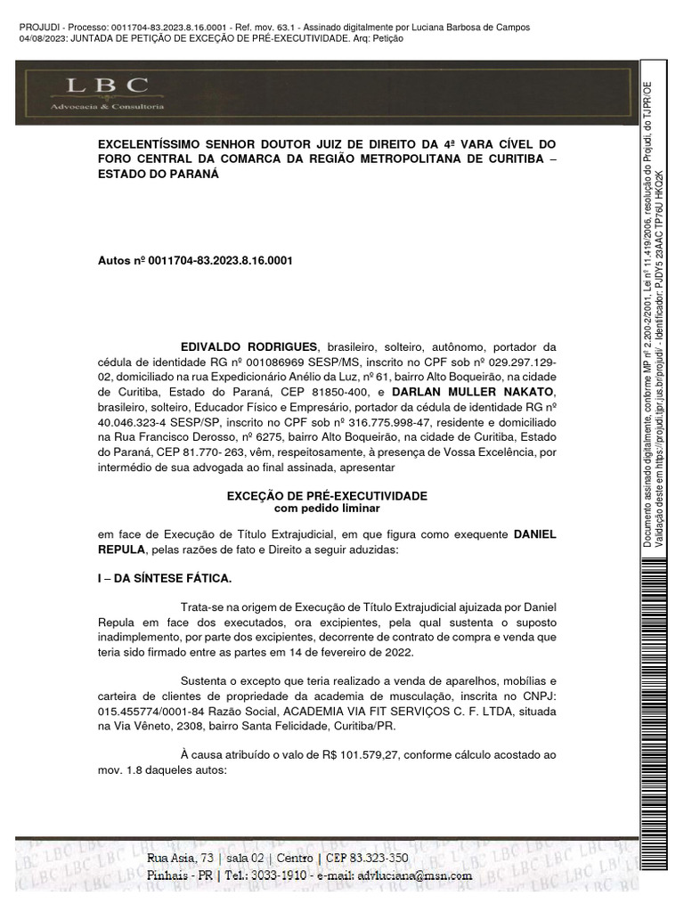 Exceção de Pré-Executividade Trabalhista | PDF | Sentença (jurídico ...