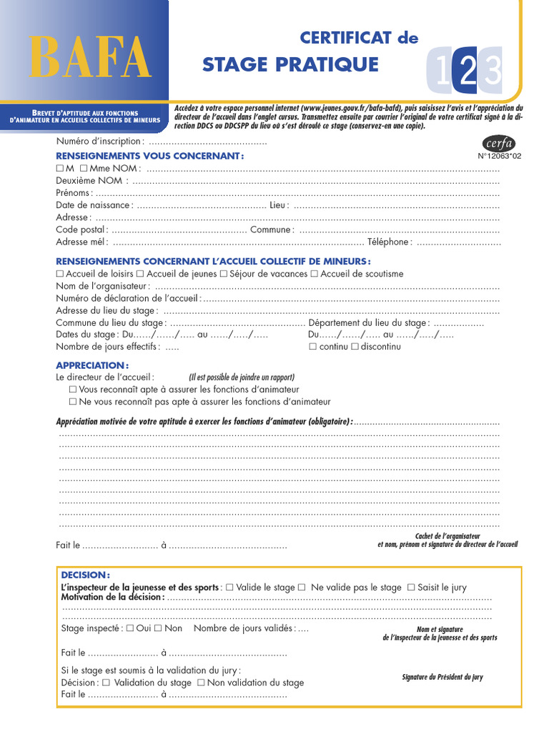 Certificat À Compléter Stage Pratique BAFA | PDF