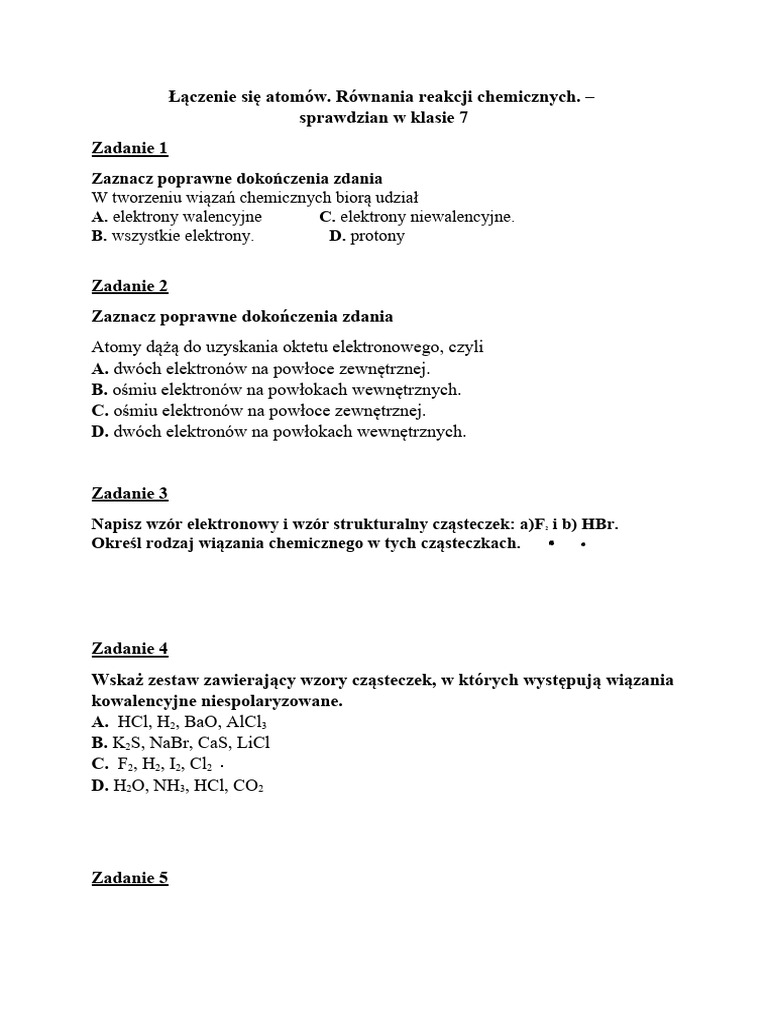 Test Z Chemi Klasa 7 Łączenie Się Atomów. Równania Reakcji Chemicznych. Sprawdzian W Klasie