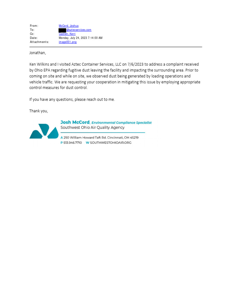 Sycamore Township Waste Site Email To Facility PDF