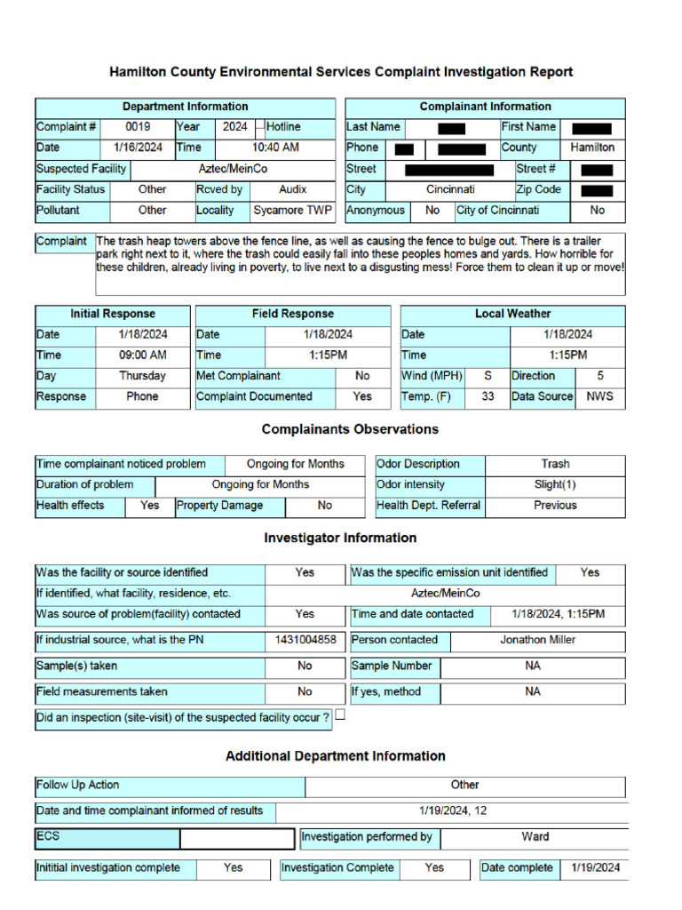 Sycamore Township Waste Site Aztec Complaints PDF Waste Asbestos