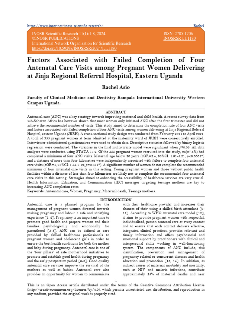 Factors Associated With Failed Completion of Four Antenatal Care Visits ...