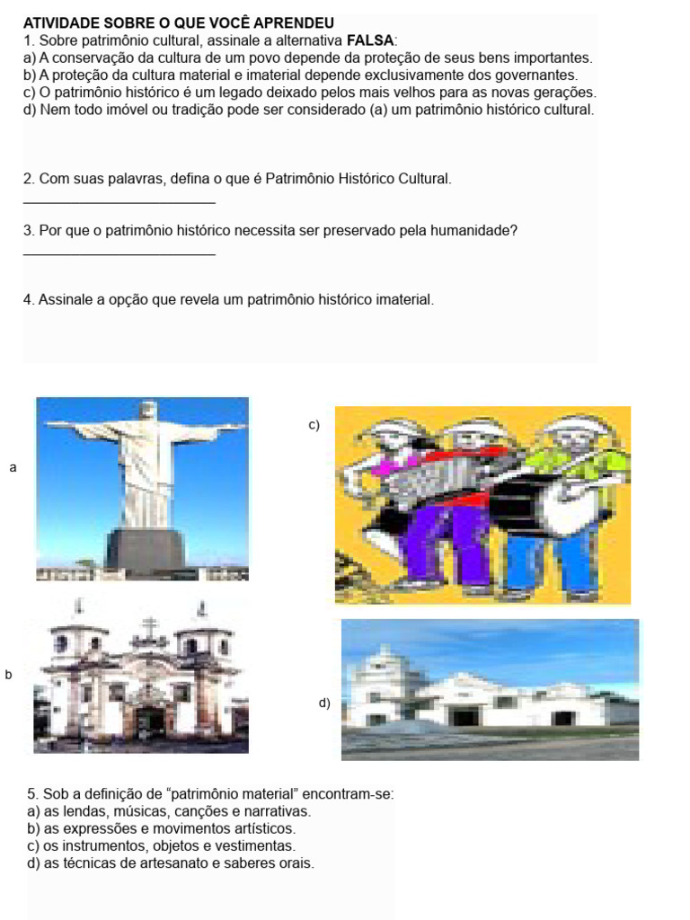 Atividade sobre Patrimônio Cultural | PDF | Herança cultural | UNESCO