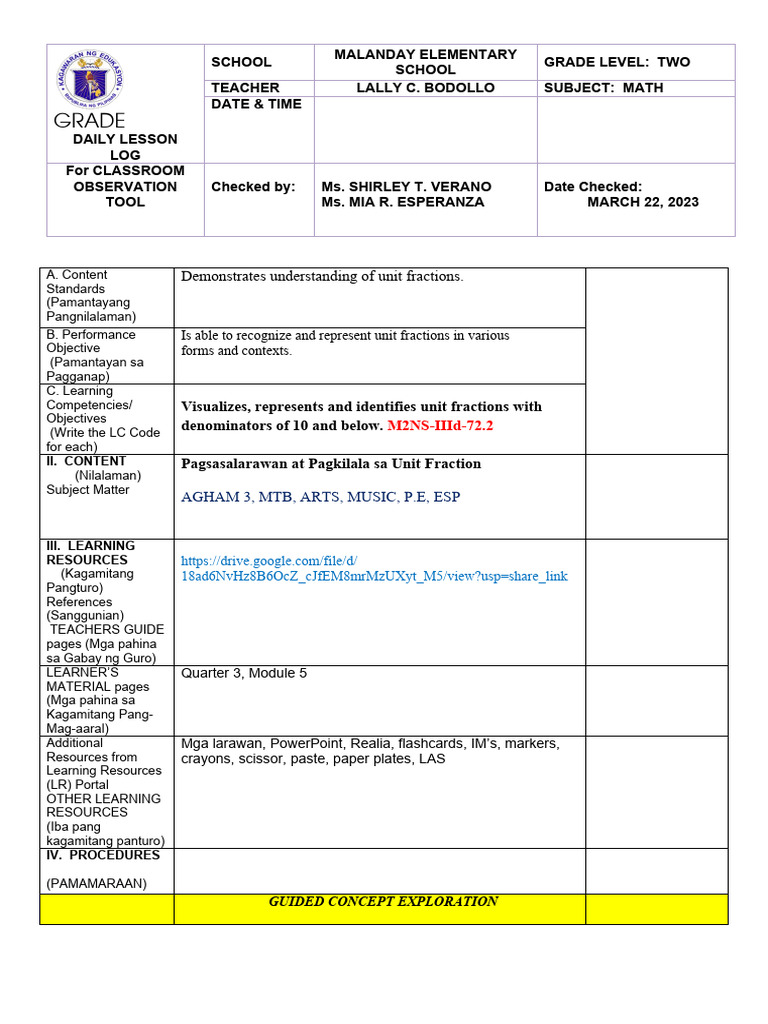 Unit Fractions Lesson Plan | PDF | Learning | Behavior Modification