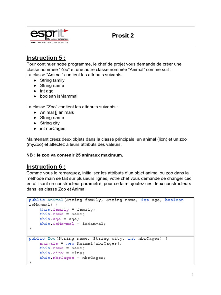Création de classes Zoo et Animal en Java | PDF