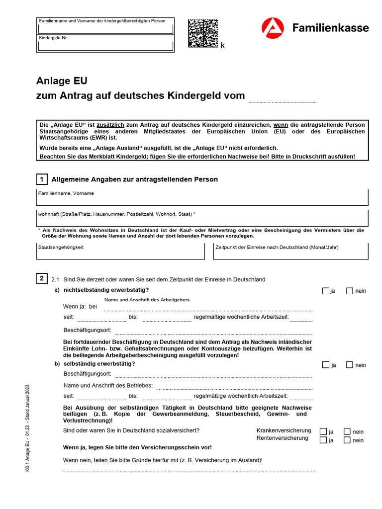 Anlage Eu Zum Hauptantrag Kindergeld kg1 Aneu - Ba900063 | PDF