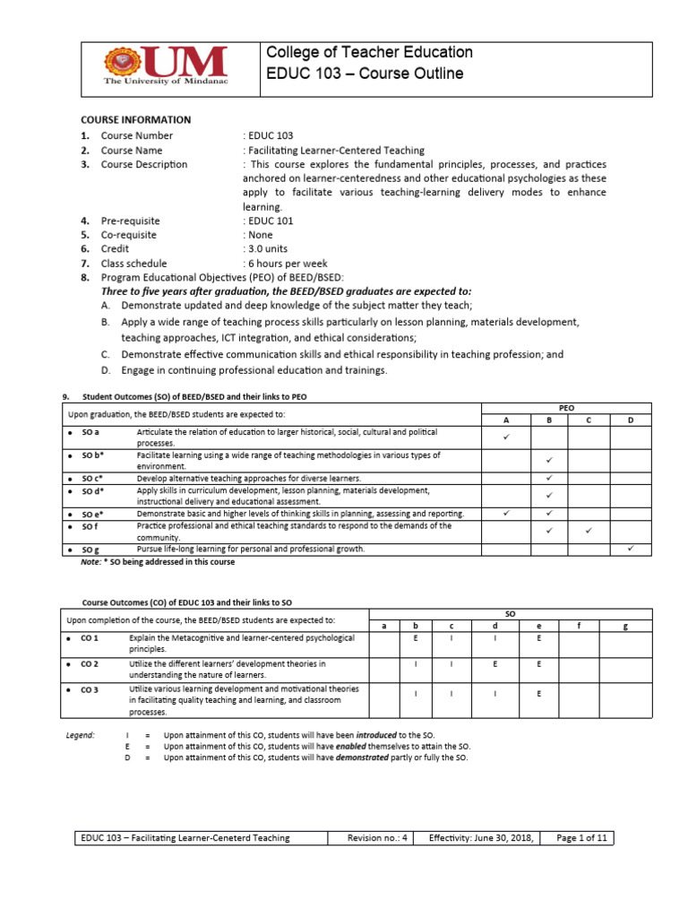 EDUC 103 Course Outline: Learner-Centered Teaching | PDF | Learning ...