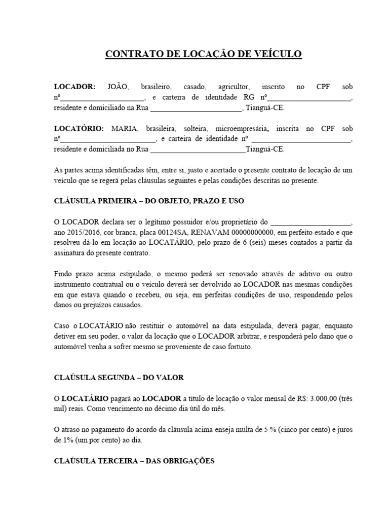 Contrato de Locação de Veículo | PDF | Aluguel | Direito Comum