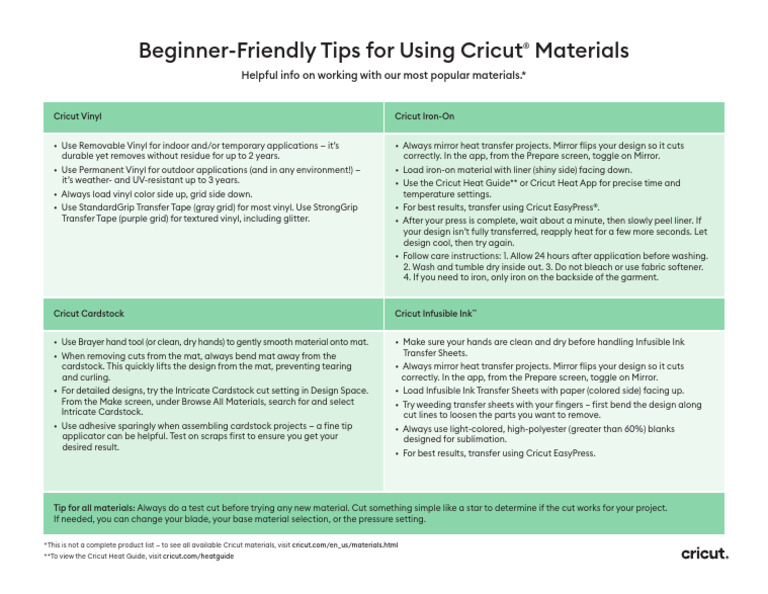 Cricut Materials Usage Tips Guide | PDF | Industrial Processes ...