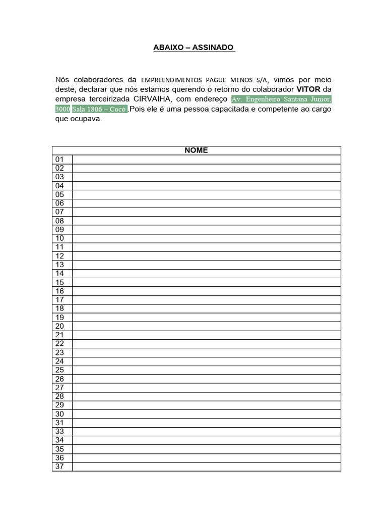 Modelo de Abaixo Assinado PDF