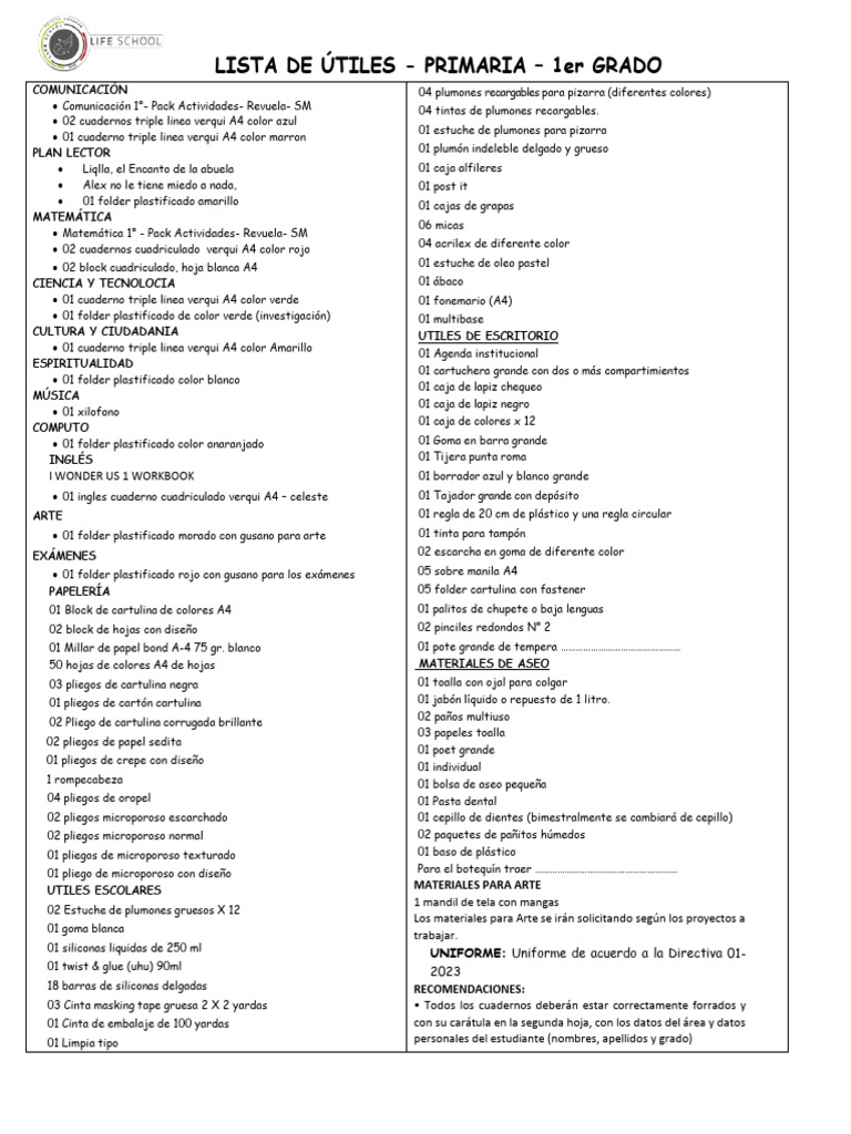 Lista de Útiles Escolares 1er y 2do Grado | PDF | Cuaderno | Color