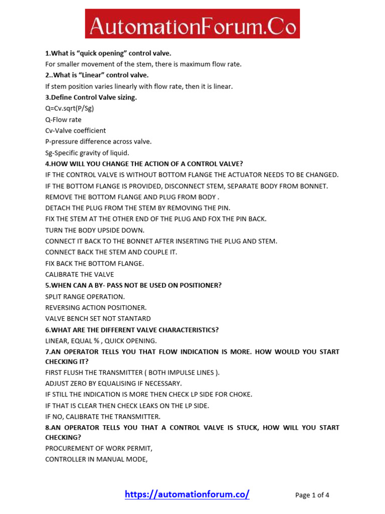 Control Valve Interview Questions PDF Valve Pressure