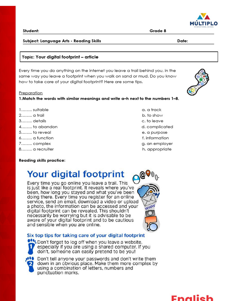 At L La Grade 8 Reading Digital Footprint | PDF | Password | Internet