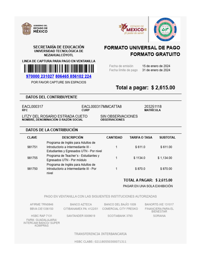 Formato de Pago Universal With Primefaces | PDF | Finanzas personales ...