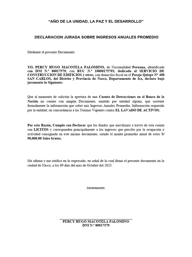 Declaracion Jurada De Ingresos Peru