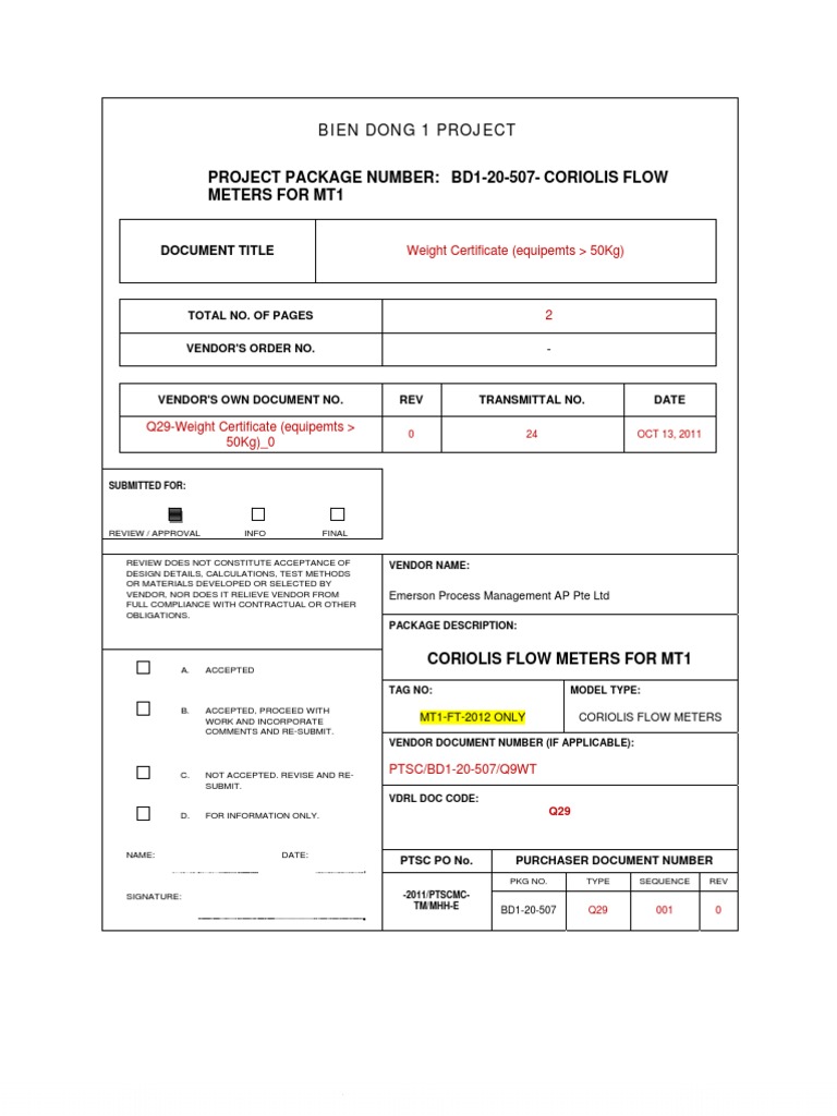 Weight Certificate for Coriolis Meters | PDF