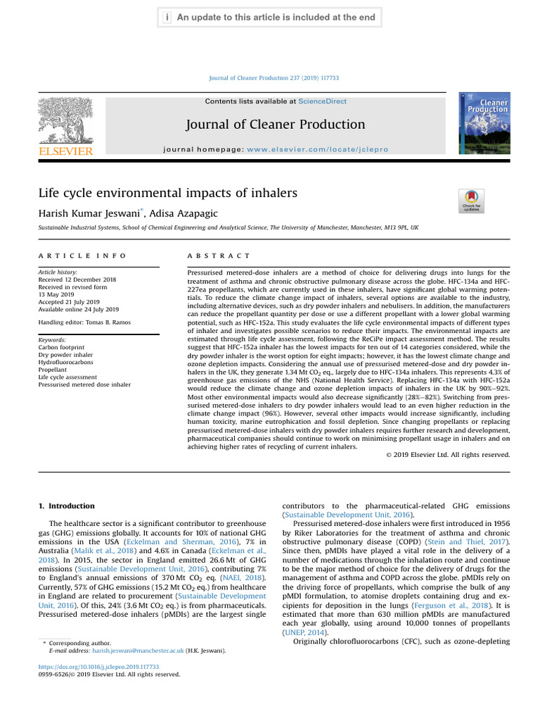 Life cycle environmental impacts of inhalers PDF Life Cycle Assessment Chlorofluorocarbon