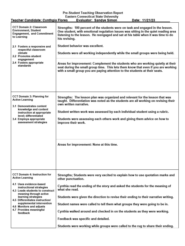 Pre-Student Teaching Observation Report | PDF | Teachers ...