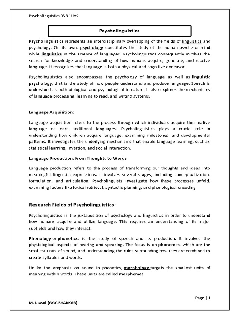 Psycholinguistics BS 8th Notes+Long Solved | PDF | Second