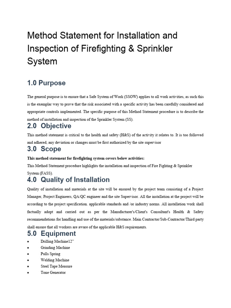 Firefighting & Sprinkler System Method Statement | PDF | Pipe (Fluid ...