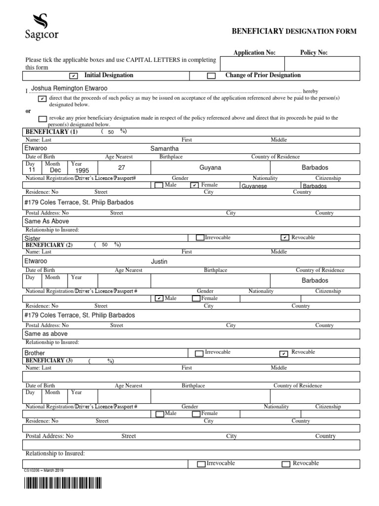 Joshua Etwaroo - Beneficiary Designation Form. | PDF | Trust Law ...