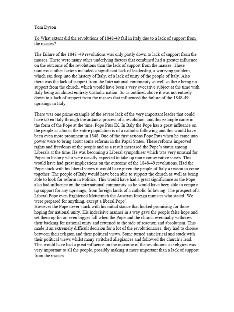 History Essay Failure Of 1848 49 Revolutions Pdf Italy Nationalism