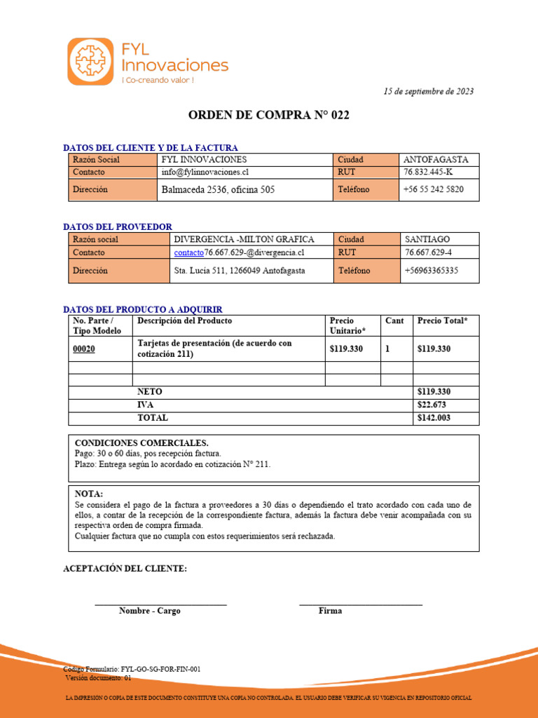 Formato de Orden de Compra FYL 022 | PDF | Factura | Informática